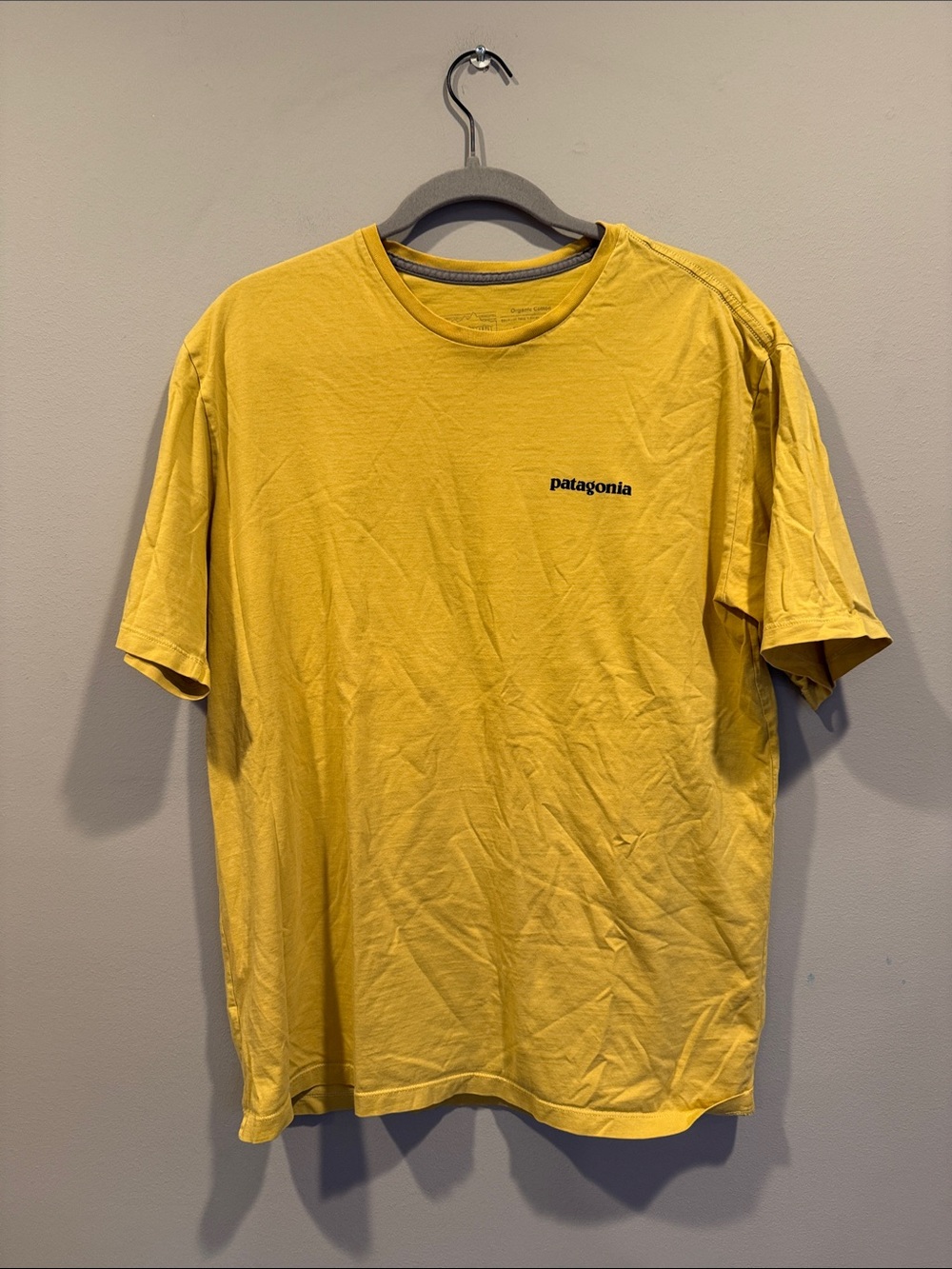 Patagonia Men's Mustarg Yellow Crew Tee with Logo on front and back. Medium